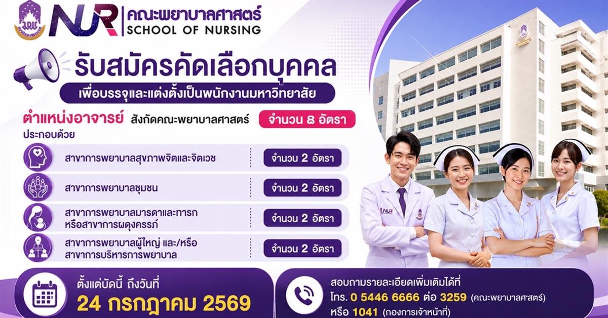 ประกาศมหาวิทยาลัยพะเยา เรื่อง รับสมัครคัดเลือกบุคคลเพื่อบรรจุและแต่งตั้งเป็นพนักงานมหาวิทยาลัย
ตำแหน่งอาจารย์สังกัดคณะพยาบาลศาสตร์
